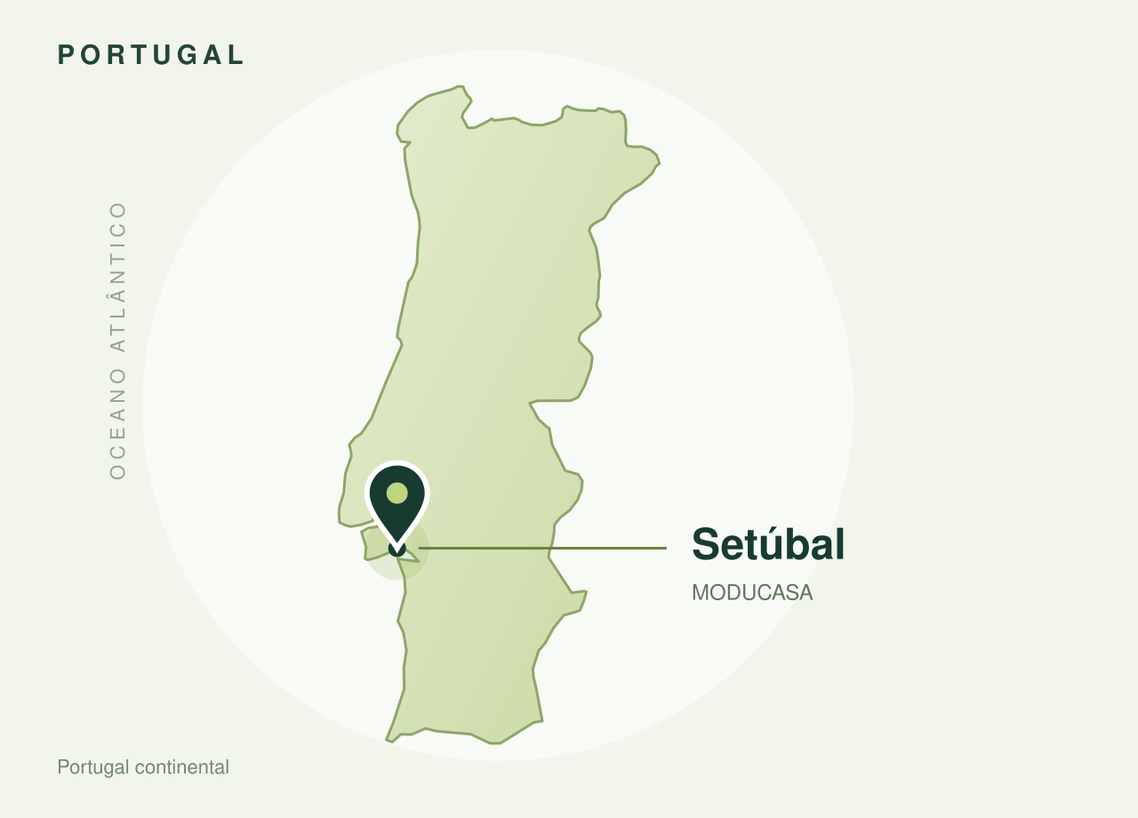 Mapa de Portugal continental com um pin a assinalar Setúbal